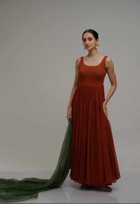 Rust-Green - Anarkali set