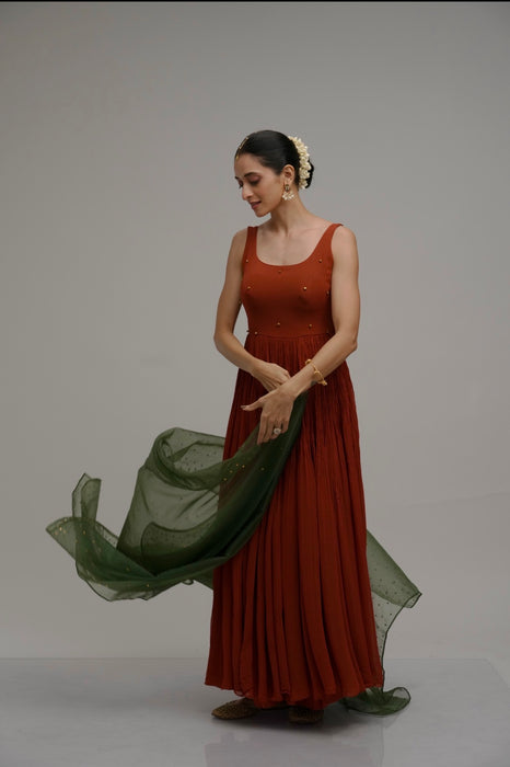 Rust-Green - Anarkali set