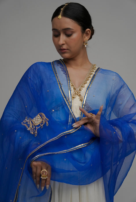 White Blue Nandi - Kurta Set